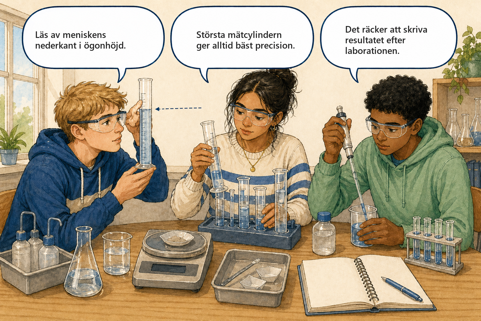 Concept Cartoon — tre elever diskuterar mätning, säkerhet och dokumentation i laborativt arbete.