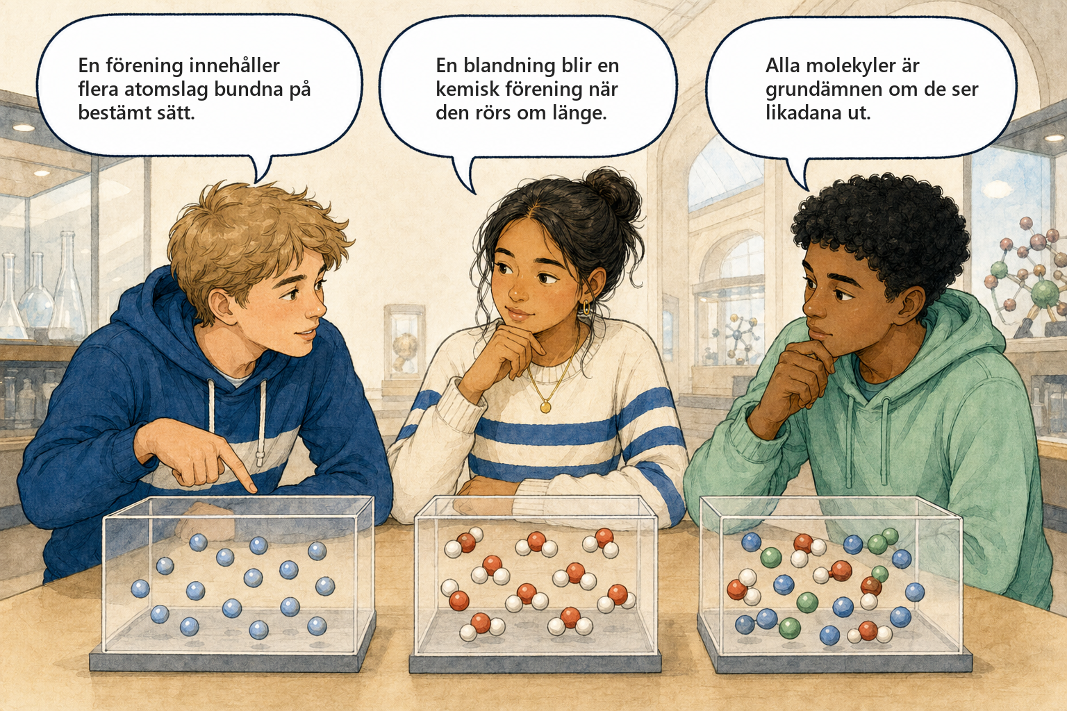 Tre elever vid ett köksbord med glas havsvatten, kopparbit och saltkvarn. De diskuterar om var och en är grundämne, förening eller blandning.