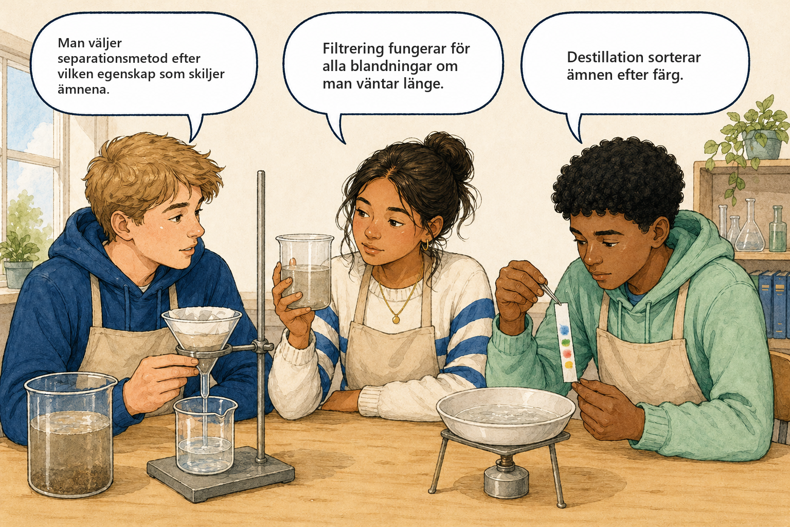 Concept cartoon — tre elever diskuterar om kaffefilter kan separera salt från saltvatten.