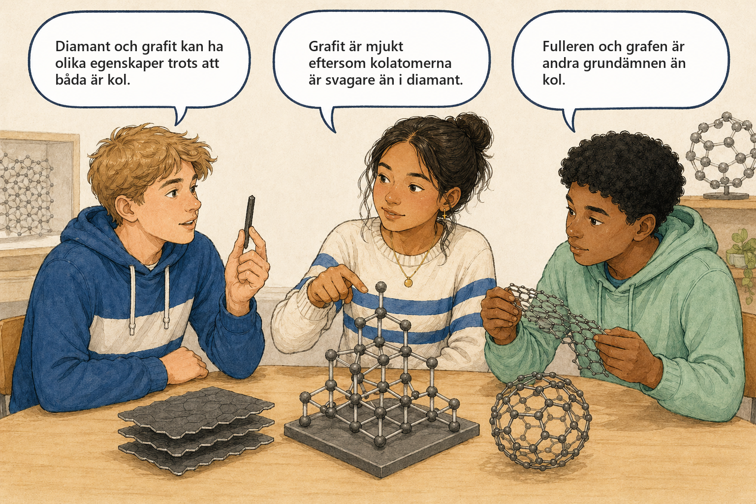 Concept cartoon — tre elever diskuterar kolets allotroper och egenskaper