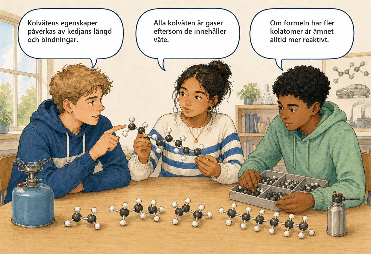 Concept Cartoon — Kolväten: fyra karaktärer diskuterar vad som finns i gasoltuben