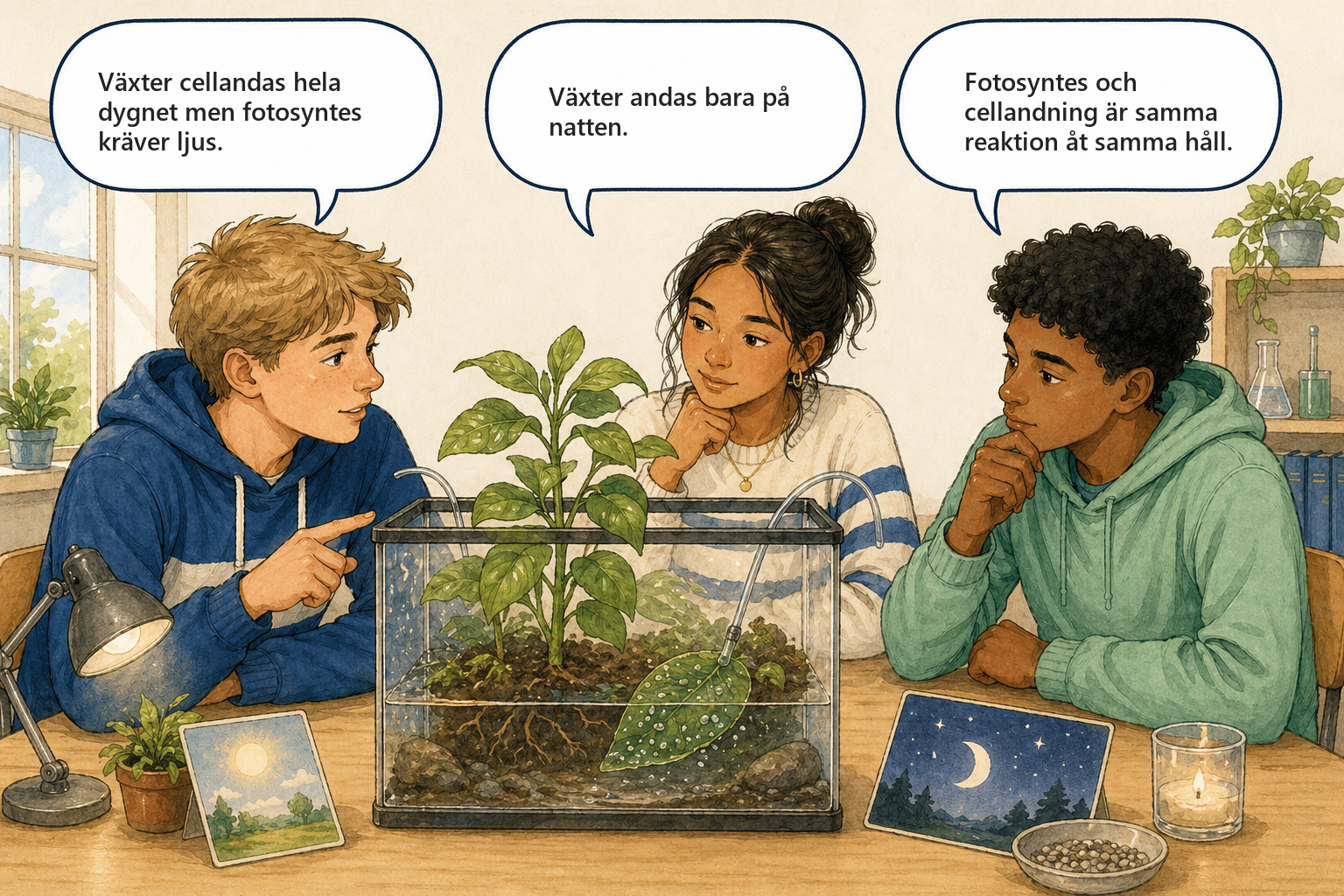 Concept Cartoon — tre elever diskuterar fotosyntes och cellandning hos växter.