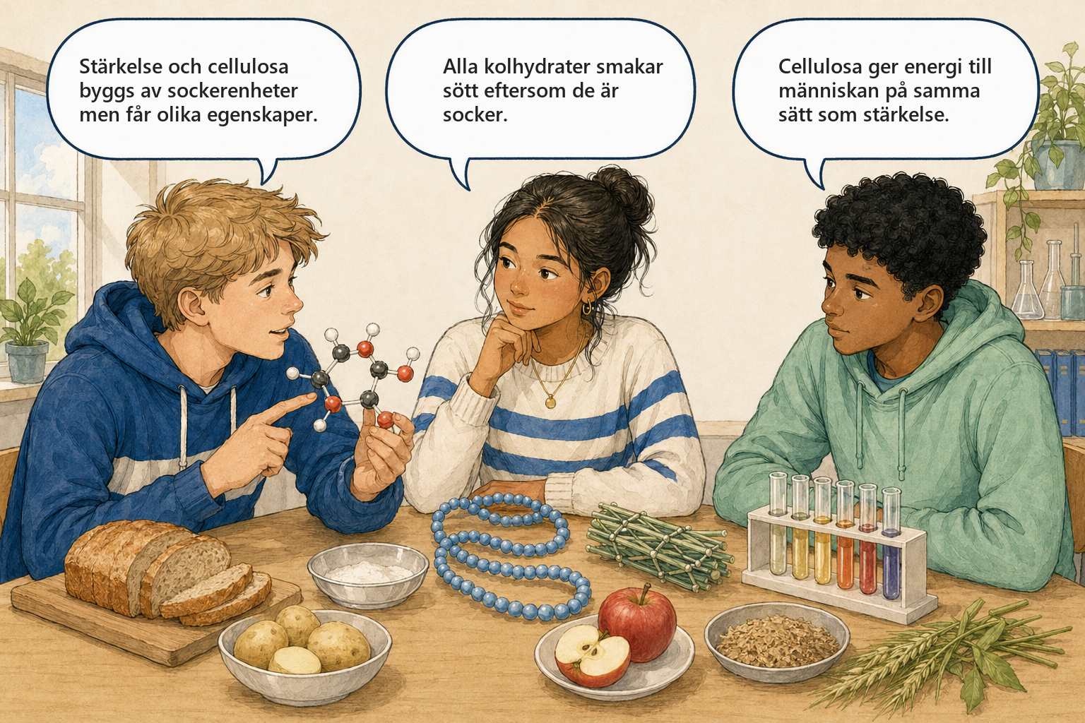Concept Cartoon — tre elever diskuterar kolhydrater, stärkelse och cellulosa.