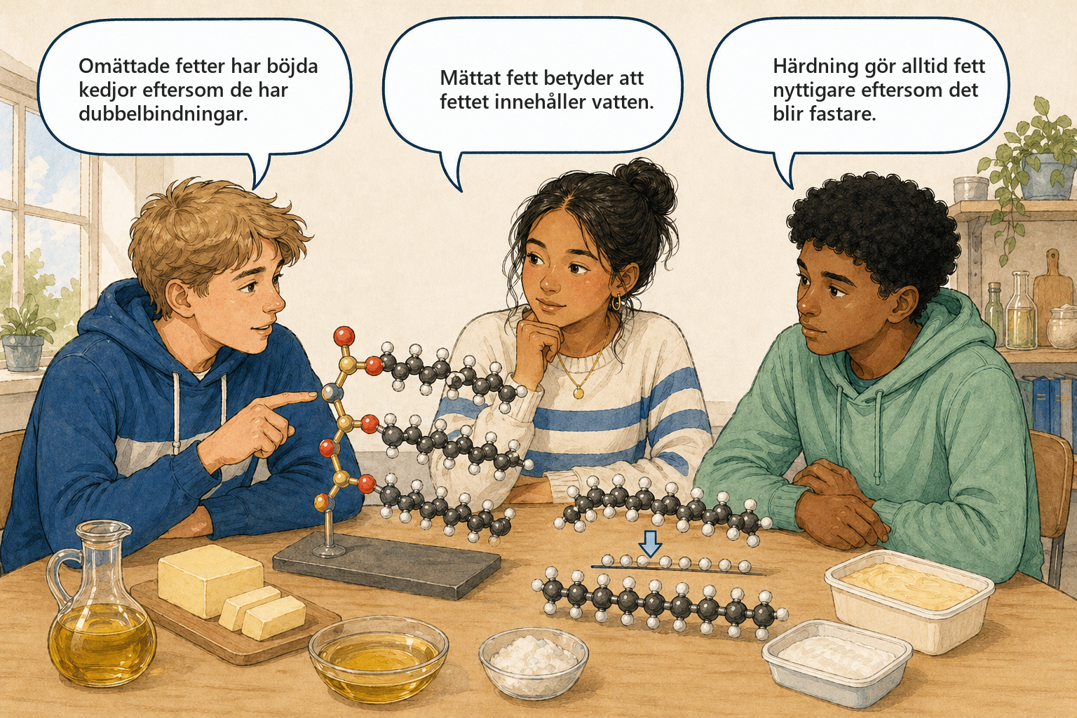 Concept Cartoon — tre elever diskuterar mättade och omättade fetter.