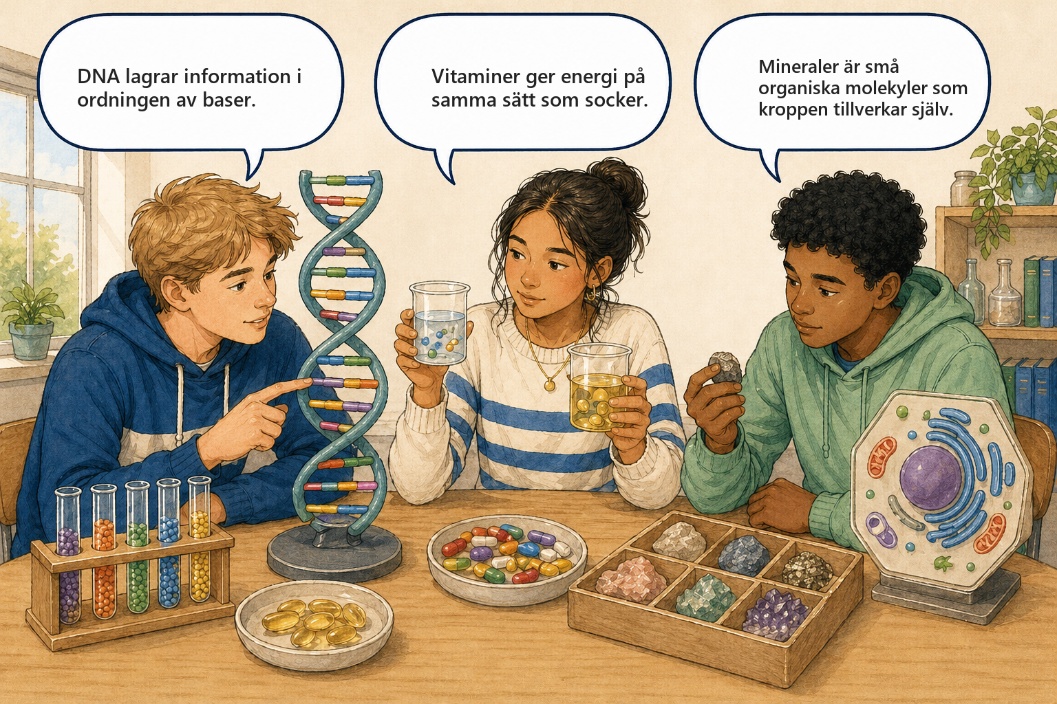 Concept Cartoon — tre elever diskuterar DNA, vitaminer och mineralämnen.