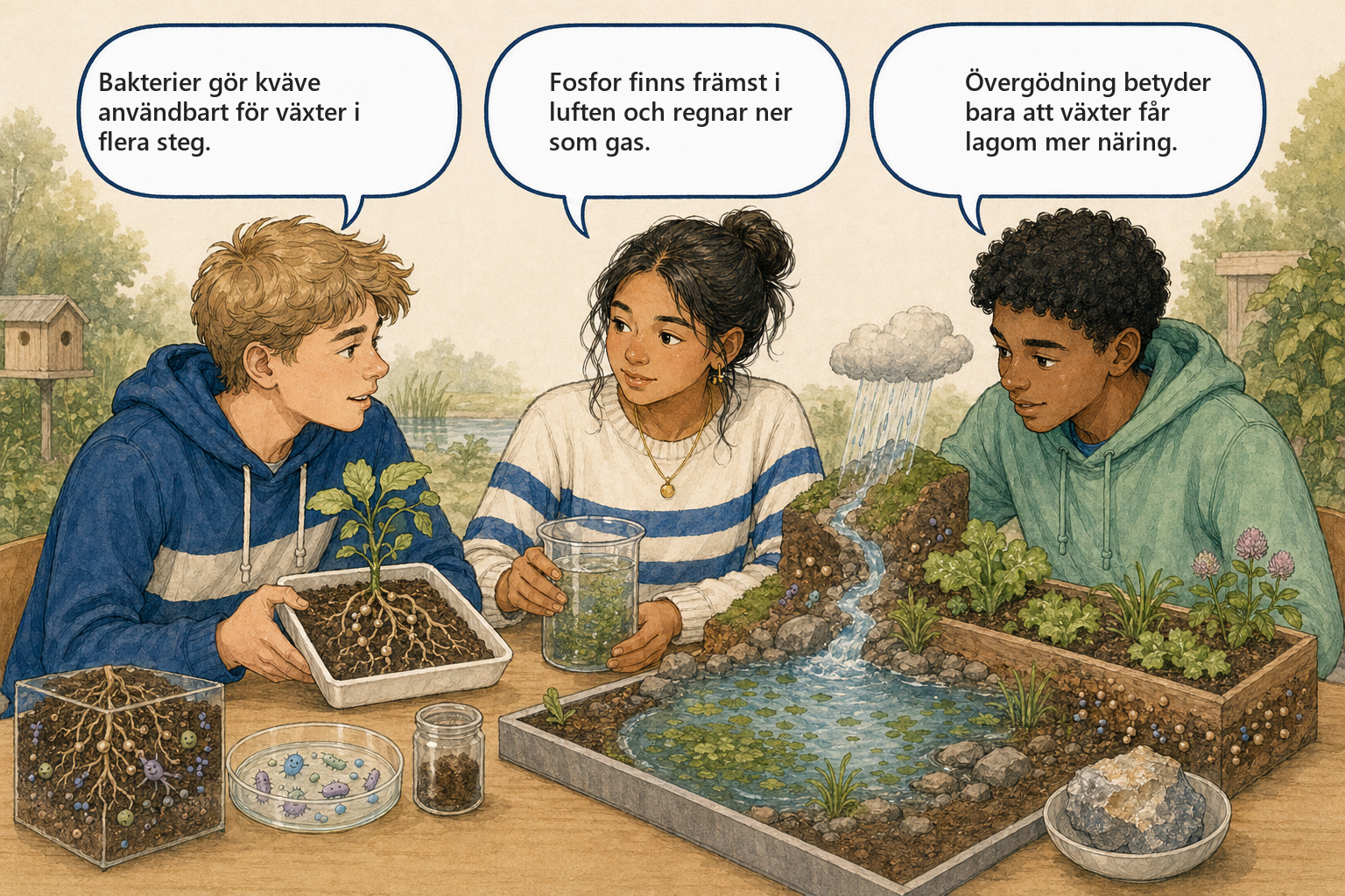 Concept Cartoon — tre elever diskuterar kväve, fosfor och övergödning.