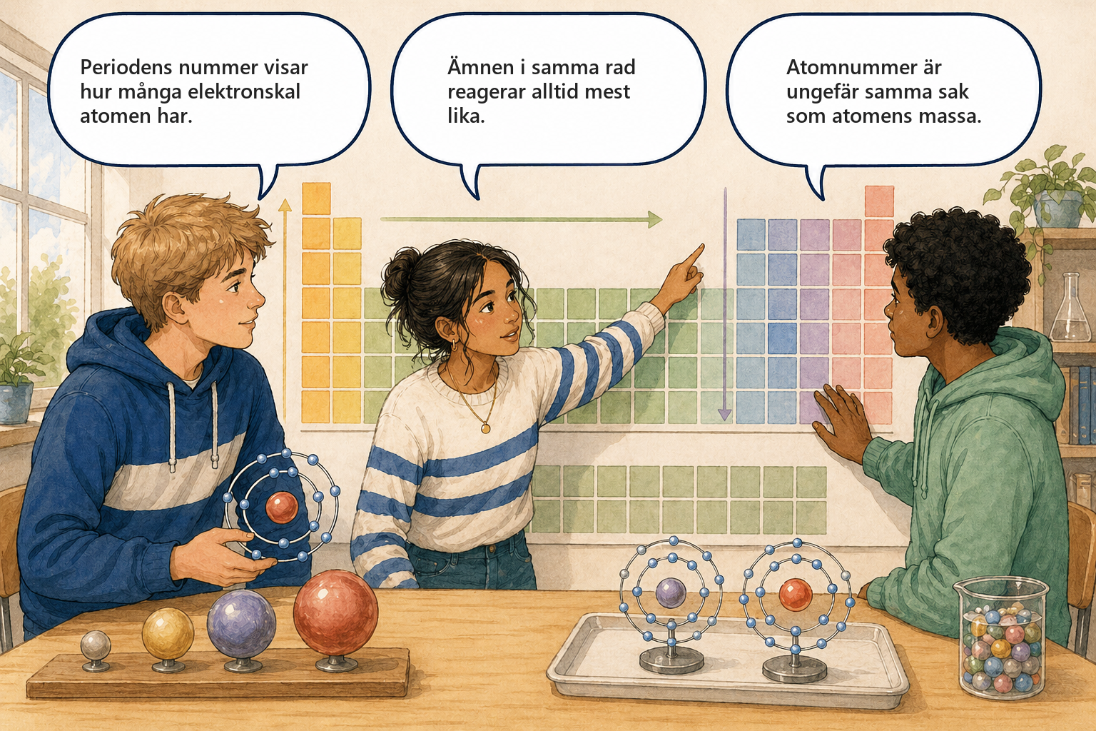 Concept cartoon — Periodiska systemet: Liam, Aisha och Noor diskuterar varför natrium reagerar våldsamt med vatten.