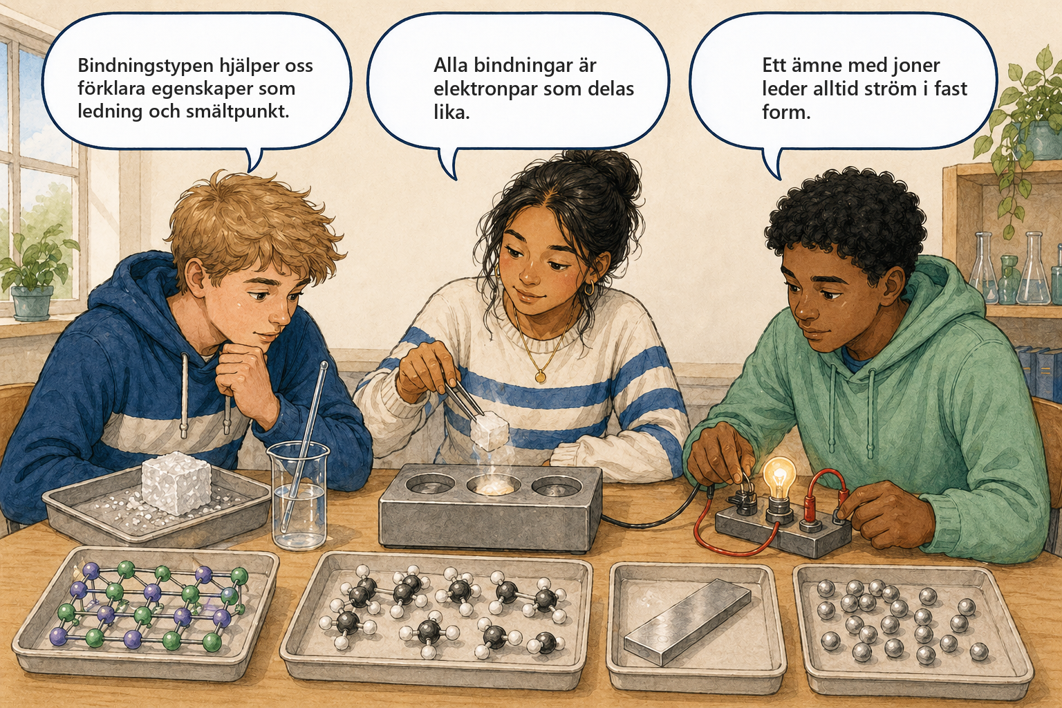 Concept Cartoon — Jonbindning: Liam, Aisha och Noor diskuterar hur jonbindningar bildas.