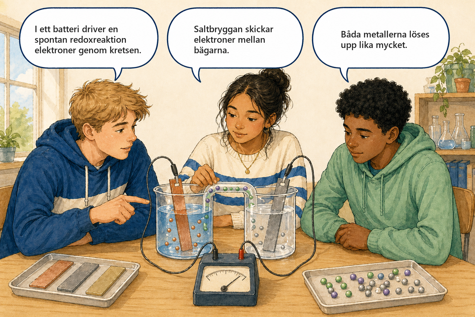 Concept cartoon — Elektrokemi: Liam, Aisha och Noor diskuterar hur ett batteri fungerar.