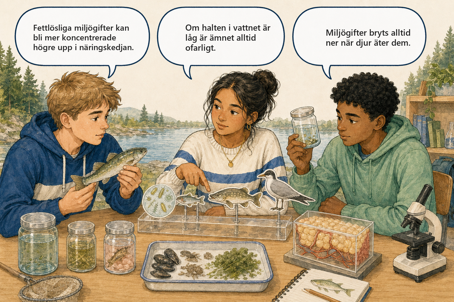 Concept cartoon — tre elever diskuterar varför DDT är svårt att bli av med i naturen trots att det förbjöds för 50 år sedan.
