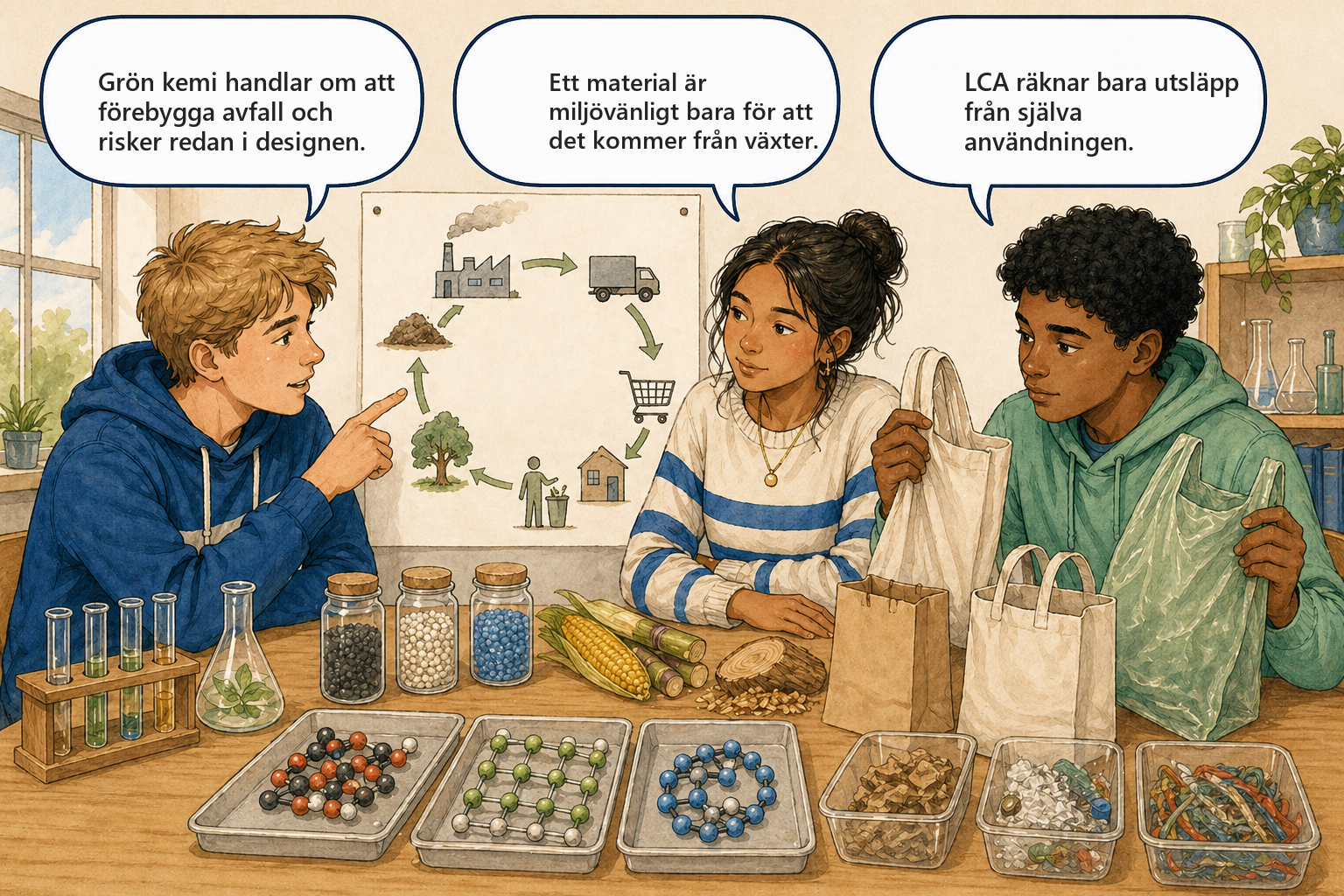 Concept Cartoon — tre elever diskuterar grön kemi, materialval och livscykelanalys.