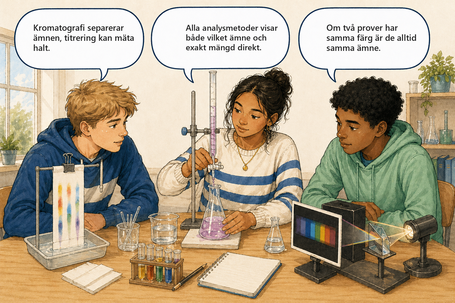 Concept Cartoon — tre elever diskuterar kromatografi, spektroskopi och analysmetoder.