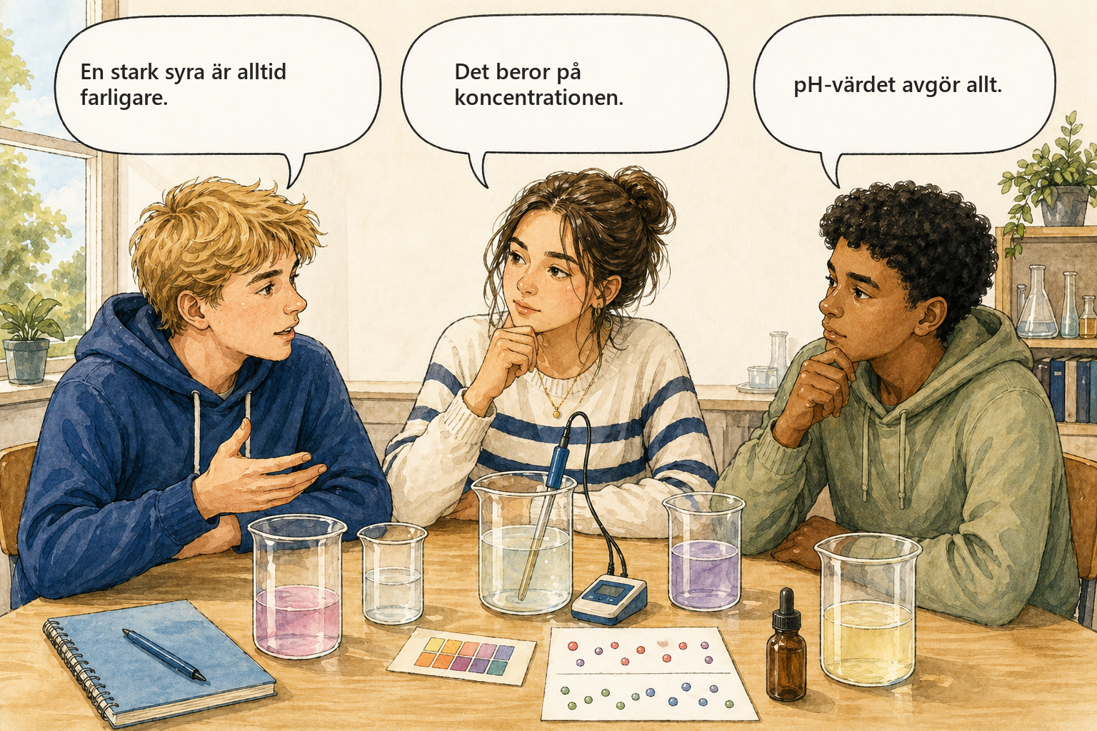 Tre elever diskuterar om en stark syra och en koncentrerad syra är samma sak