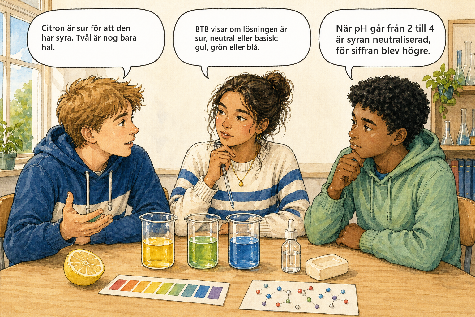 Tre elever diskuterar pH, syror och baser med BTB-indikator.