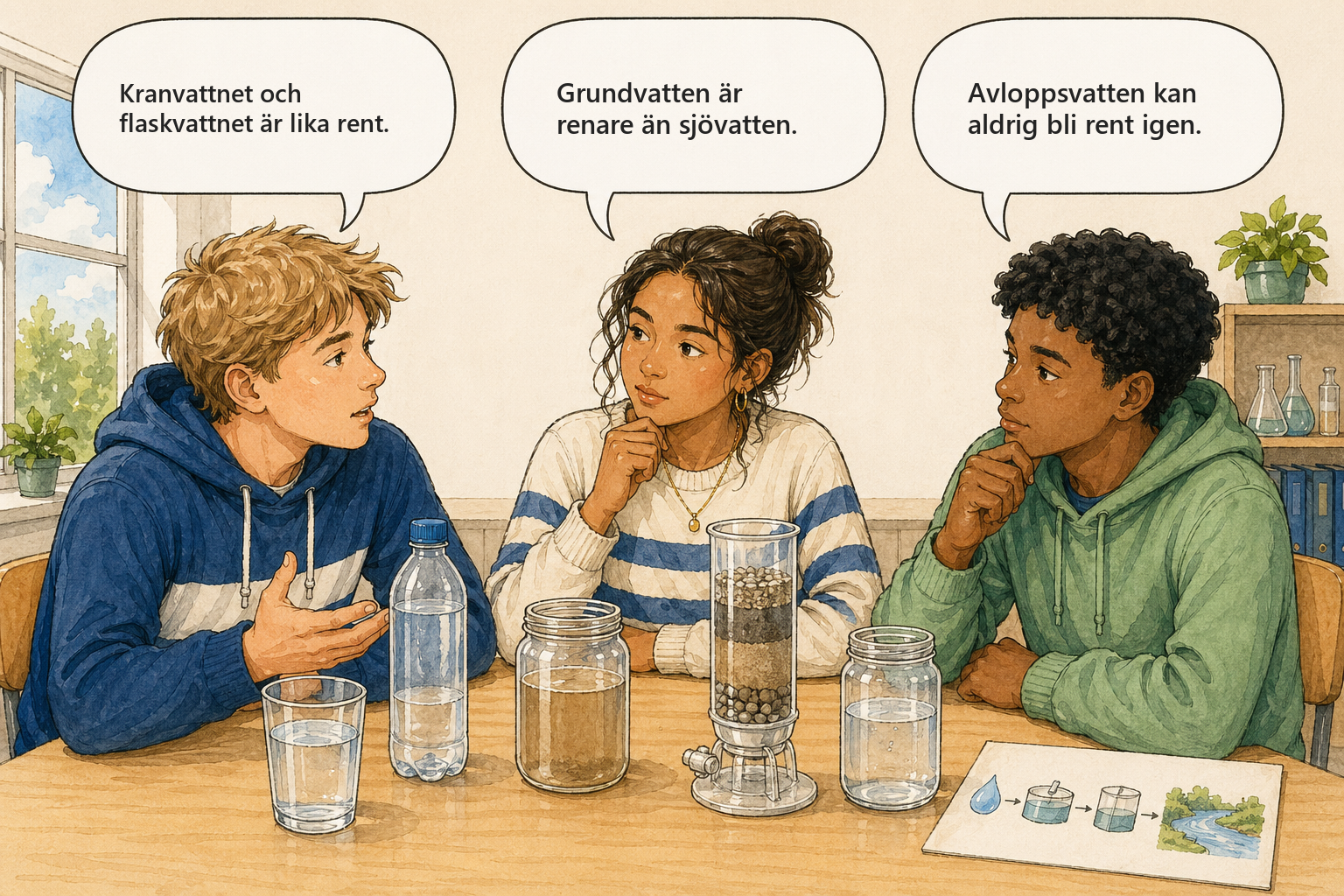 Tre elever diskuterar varifrån dricksvattnet kommer och hur det renas