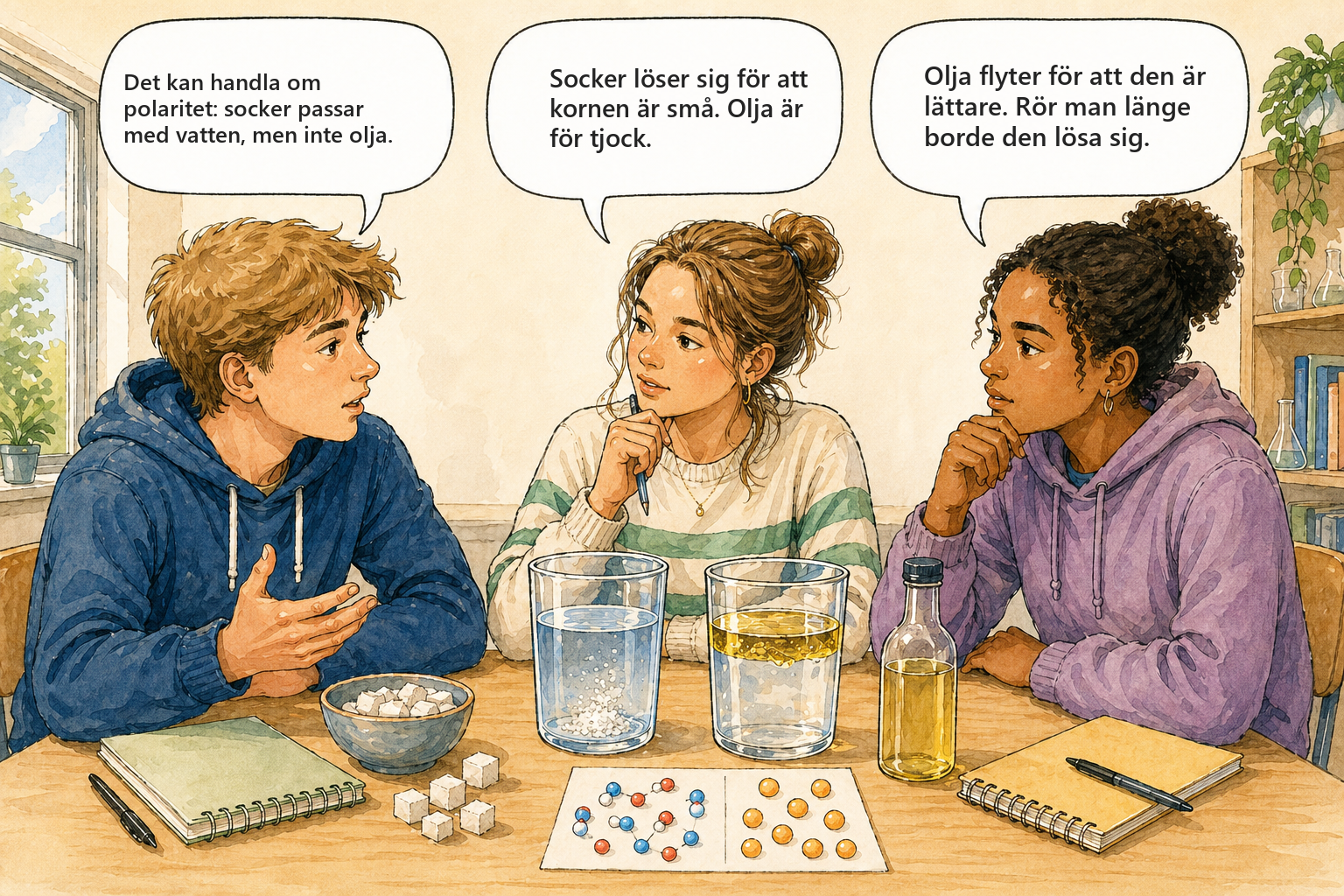 Tre elever diskuterar varför socker löser sig i vatten men inte matolja.