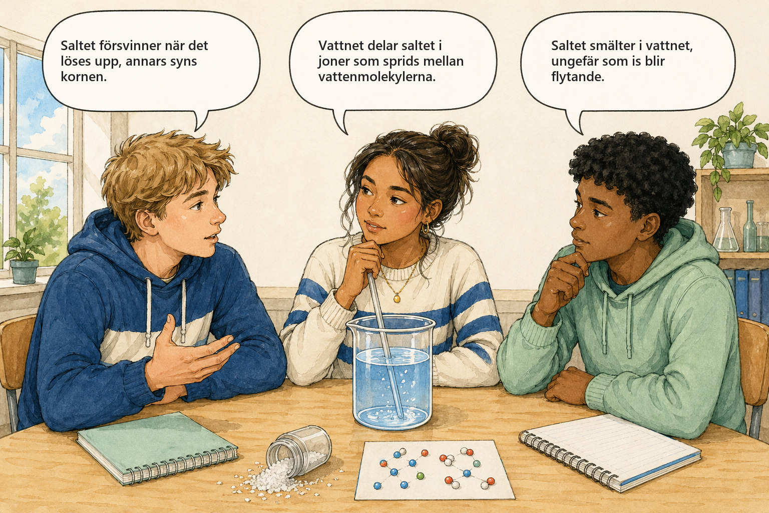Tre elever diskuterar vad som händer när salt löses i vatten.
