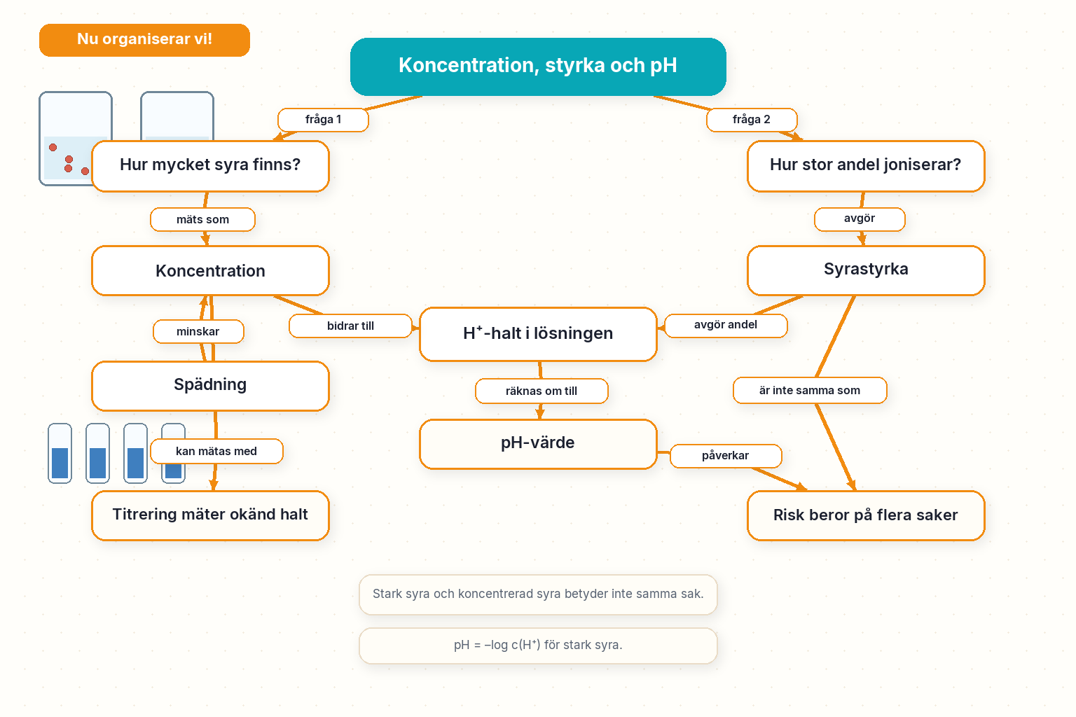 Låt oss organisera: koncentration, syrastyrka, pH-skala, spädning och samband.