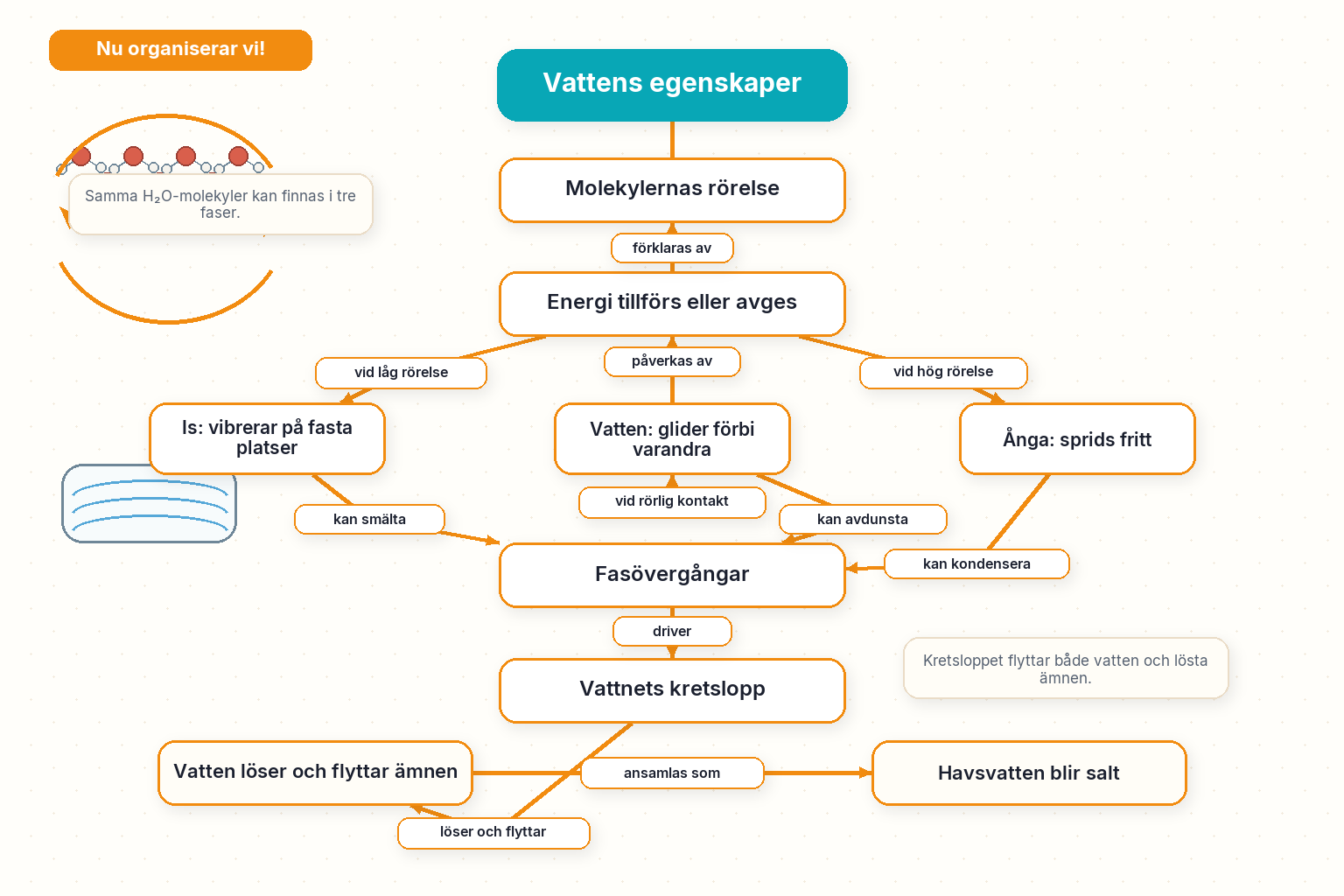 Låt oss organisera: vattnets egenskaper, aggregationstillstånd, lösningsförmåga, kretslopp och betydelse för liv.